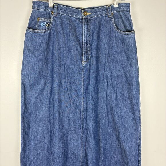 Vintage Denim Maxi Skirt Sz 14 L Embroidered Florals Modest Prairie Liz Claiborn - Picture 2 of 9
